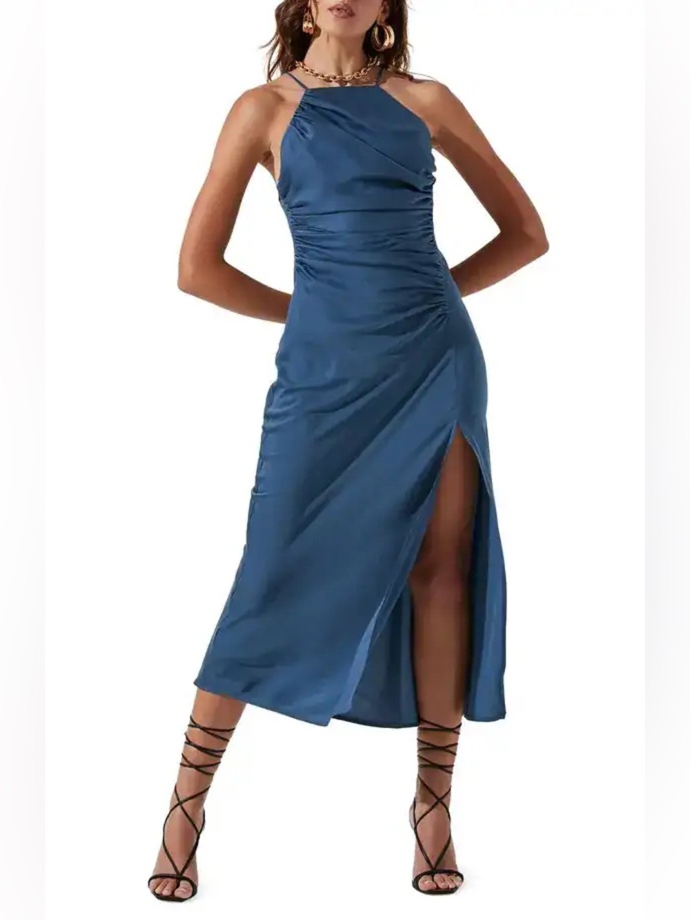 NWT - Astr The Label - Halter Neck Midi Blue Dress Size Slit - Size M